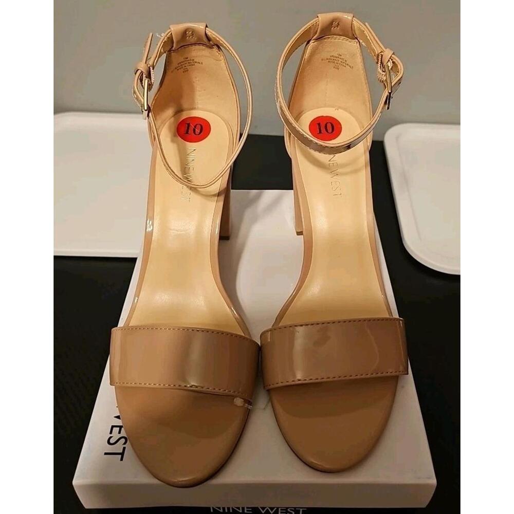 nine west "Abrah" Block Heel Faux Patent Leather Natural